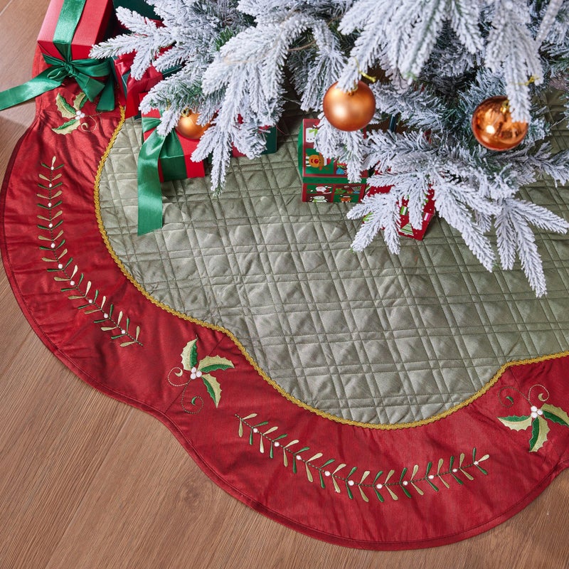 ONGLYP X.Sem Holly Leaf Embroidered Velvet Christmas Tree Skirt with Pleat Velvet Border 50'' (Green&red, 50 inch) - Image 3